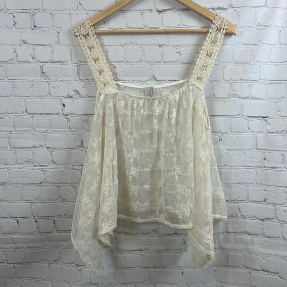 Paper Crane Tops - Paper Crane Sheer Cream Lace Embroidered Tank Top Boho Festival Womens Small